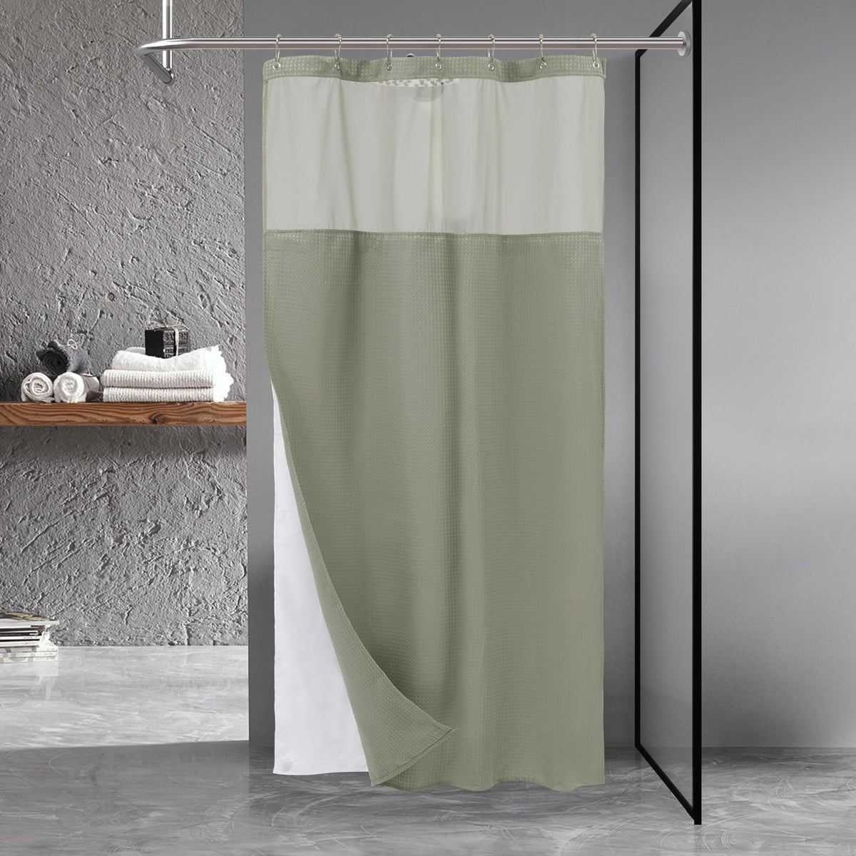 N&Y HOME Waffle Weave Shower Curtain with Snap-in Liner Set Blue, 71x72