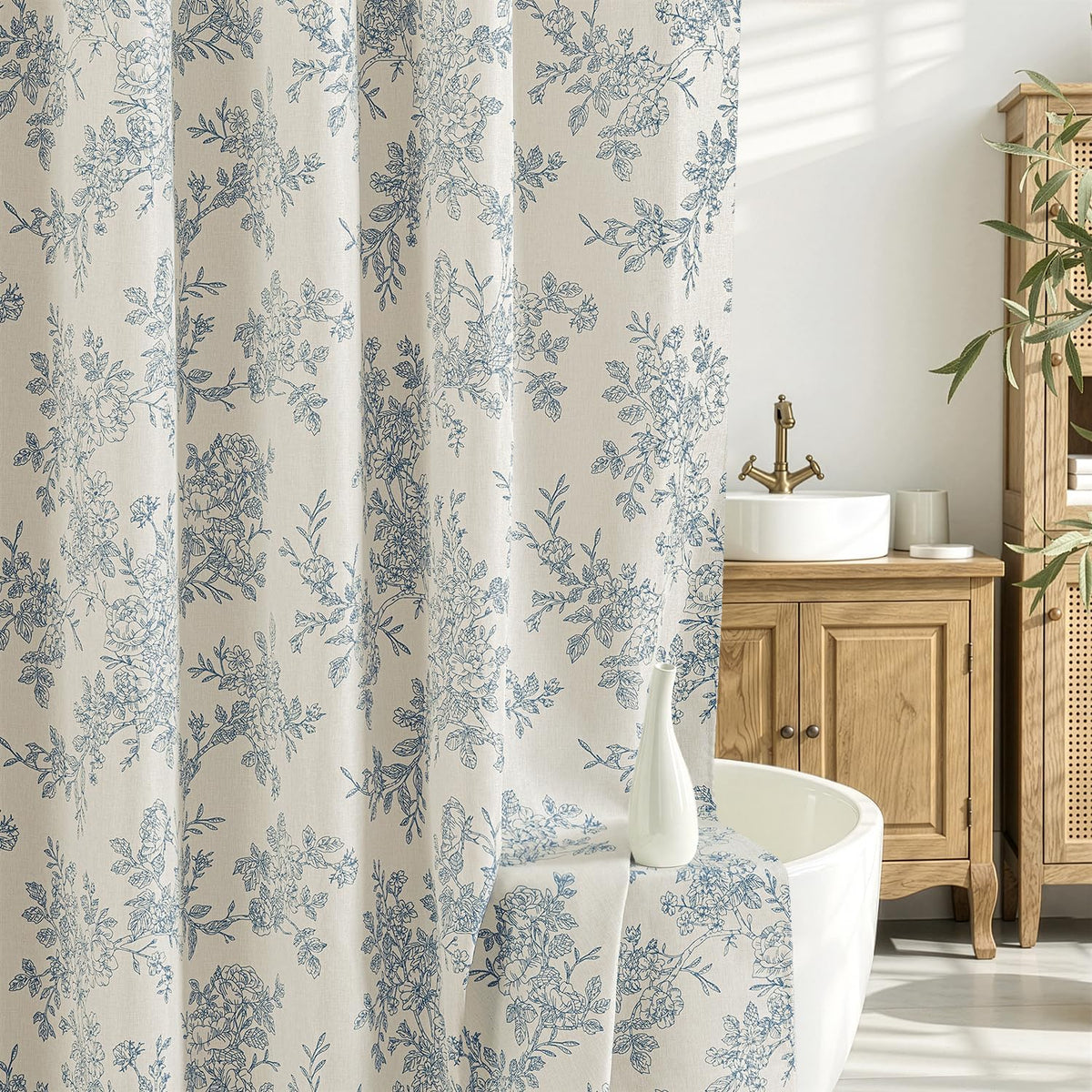 Linen Blue Floral Toile Shower Curtain W72*L72 Inches Long