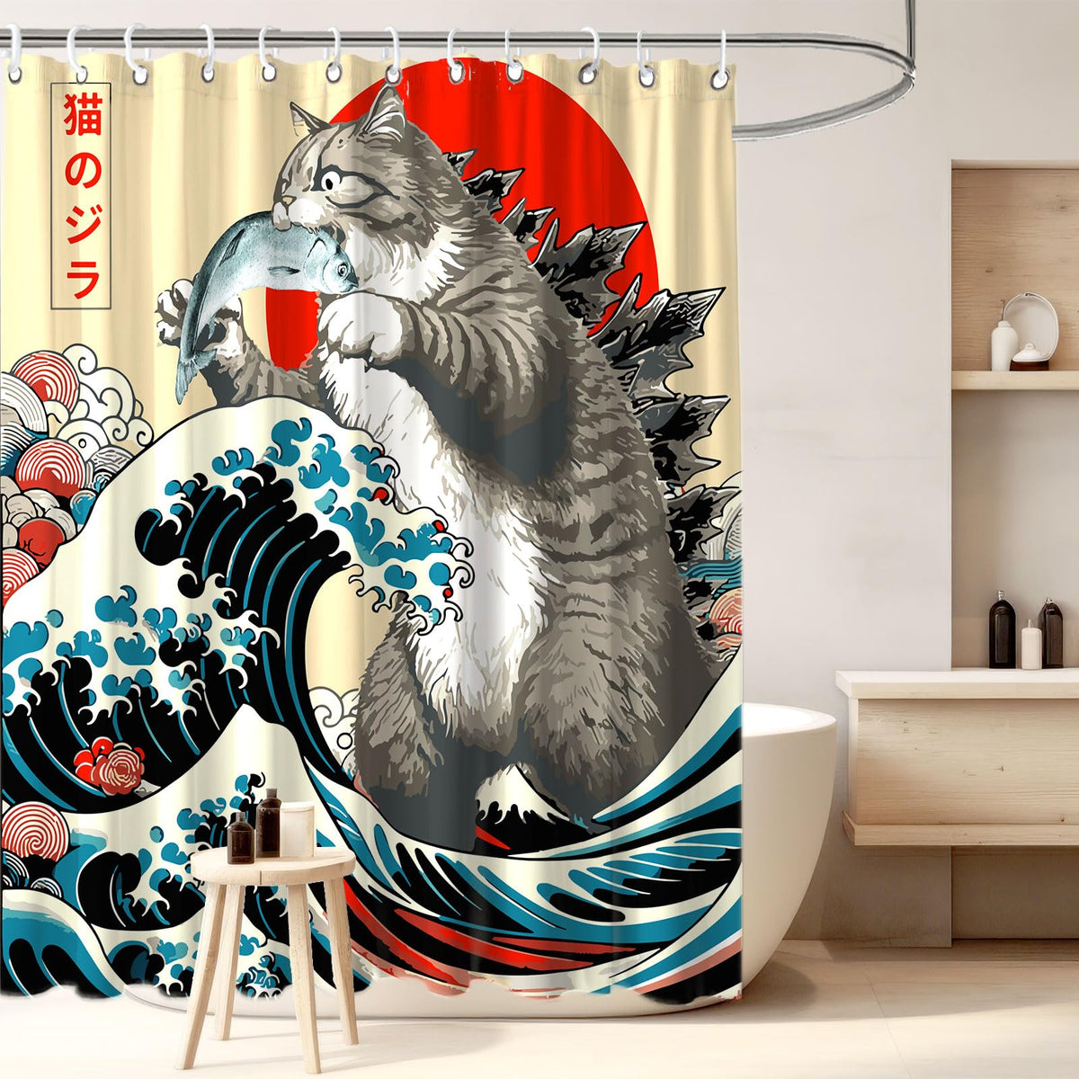 Funny Japanese Cat Funky Anime Japan Bathroom Shower Curtain, 72x72
