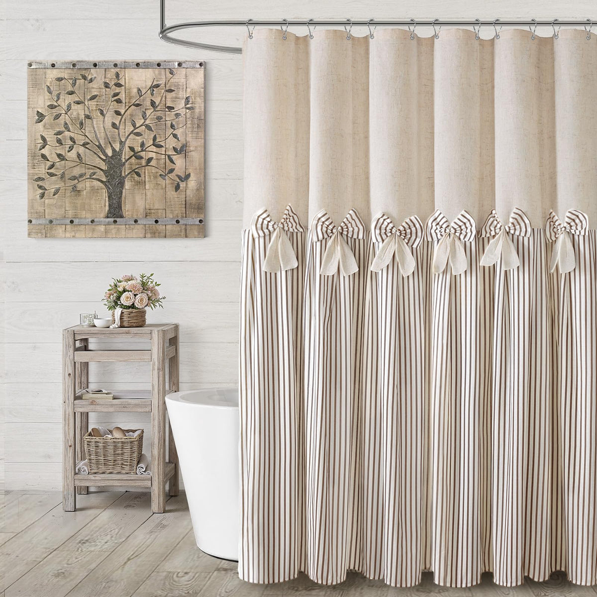 Farmhouse Shower Curtain Linen Beige Button Brown Stripe 72"W x 72"L