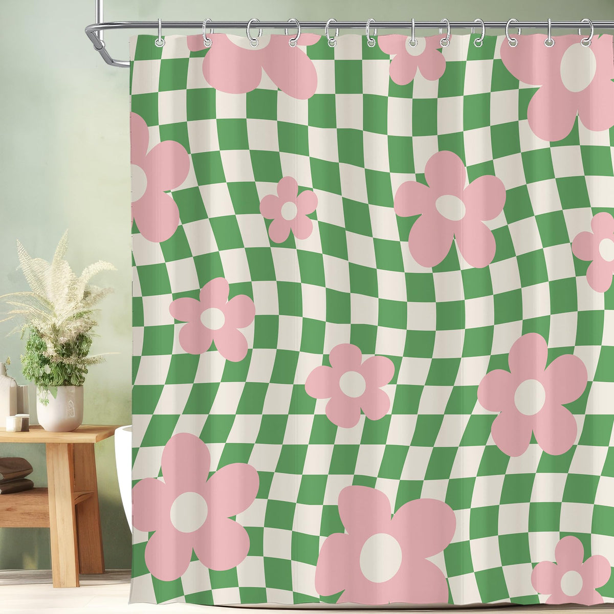 Black Cute Retro Floral Abstract 70s Aesthetic 72W*72H Inch Shower Curtain