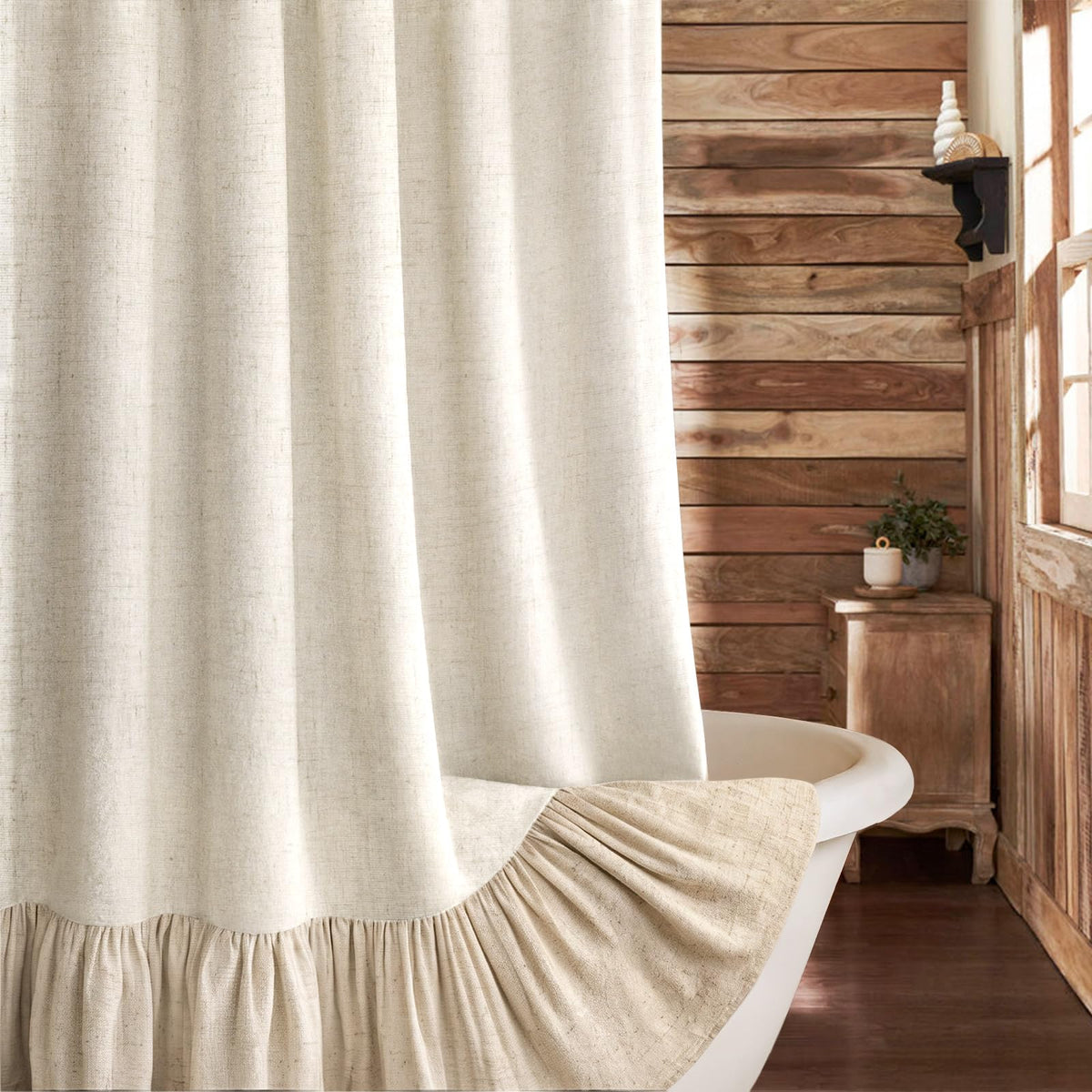 Farmhouse Shower Curtain Ruffle Linen Cream-Green Stripe 72"W x 72"L
