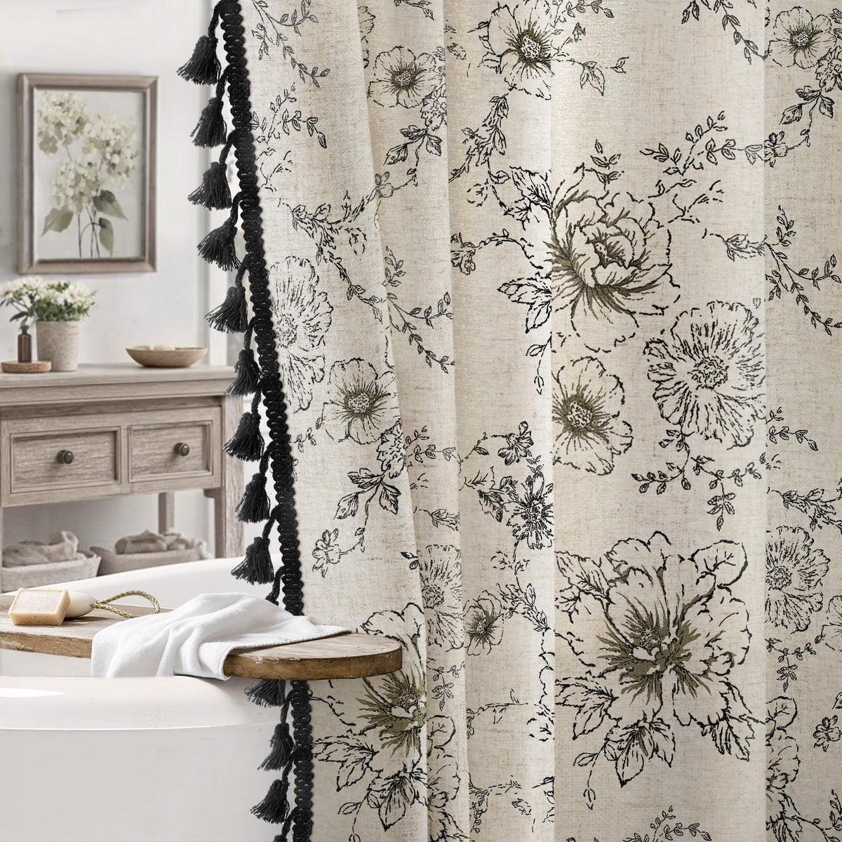 Farmhouse Floral Vintage Shower Curtain for Bathroom, Black and Tan Taupe