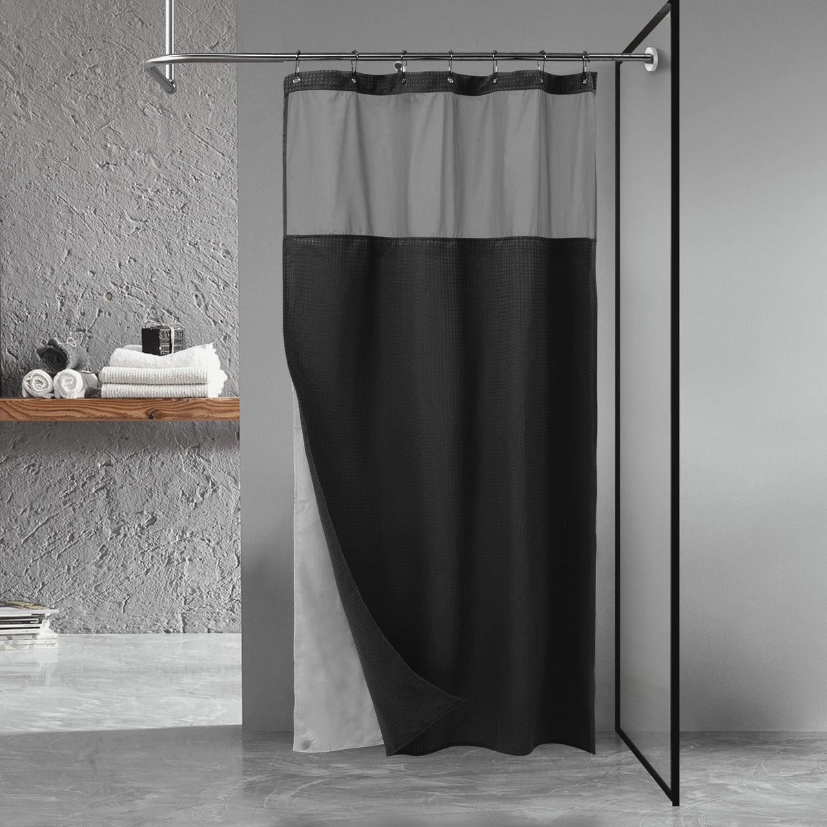 N&Y HOME Waffle Weave Shower Curtain with Snap-in Liner Set Blue, 71x72