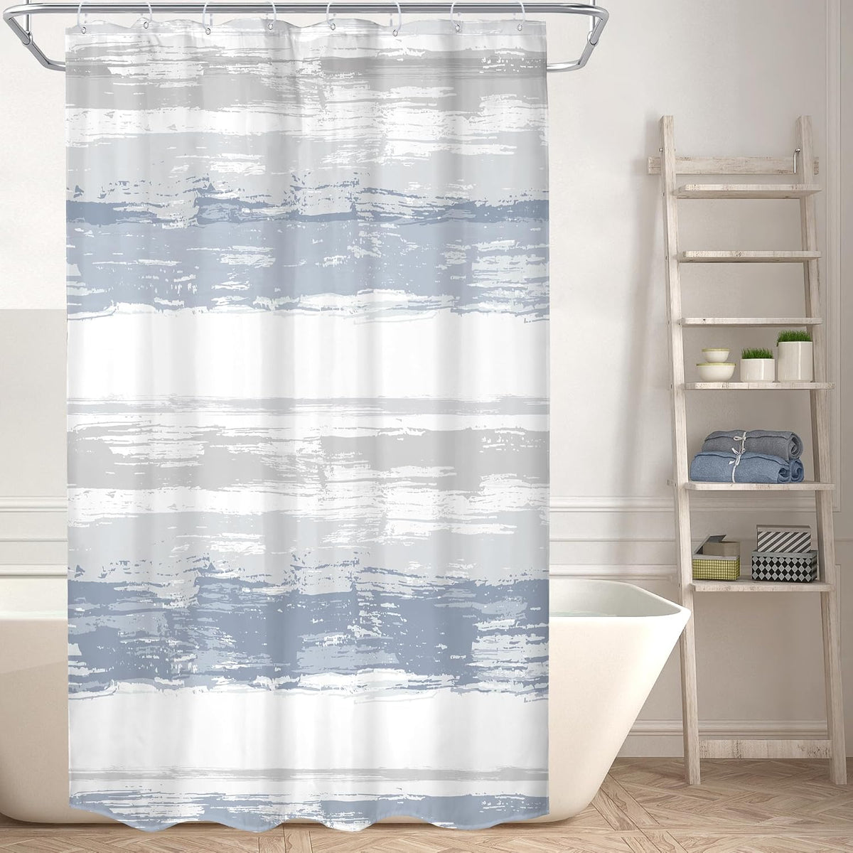 Abstract Blue Modern Gray Striped Minimalist Bathroom Shower Curtain Set