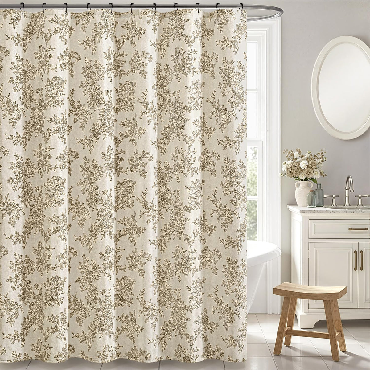 Linen Blue Floral Toile Shower Curtain W72*L72 Inches Long