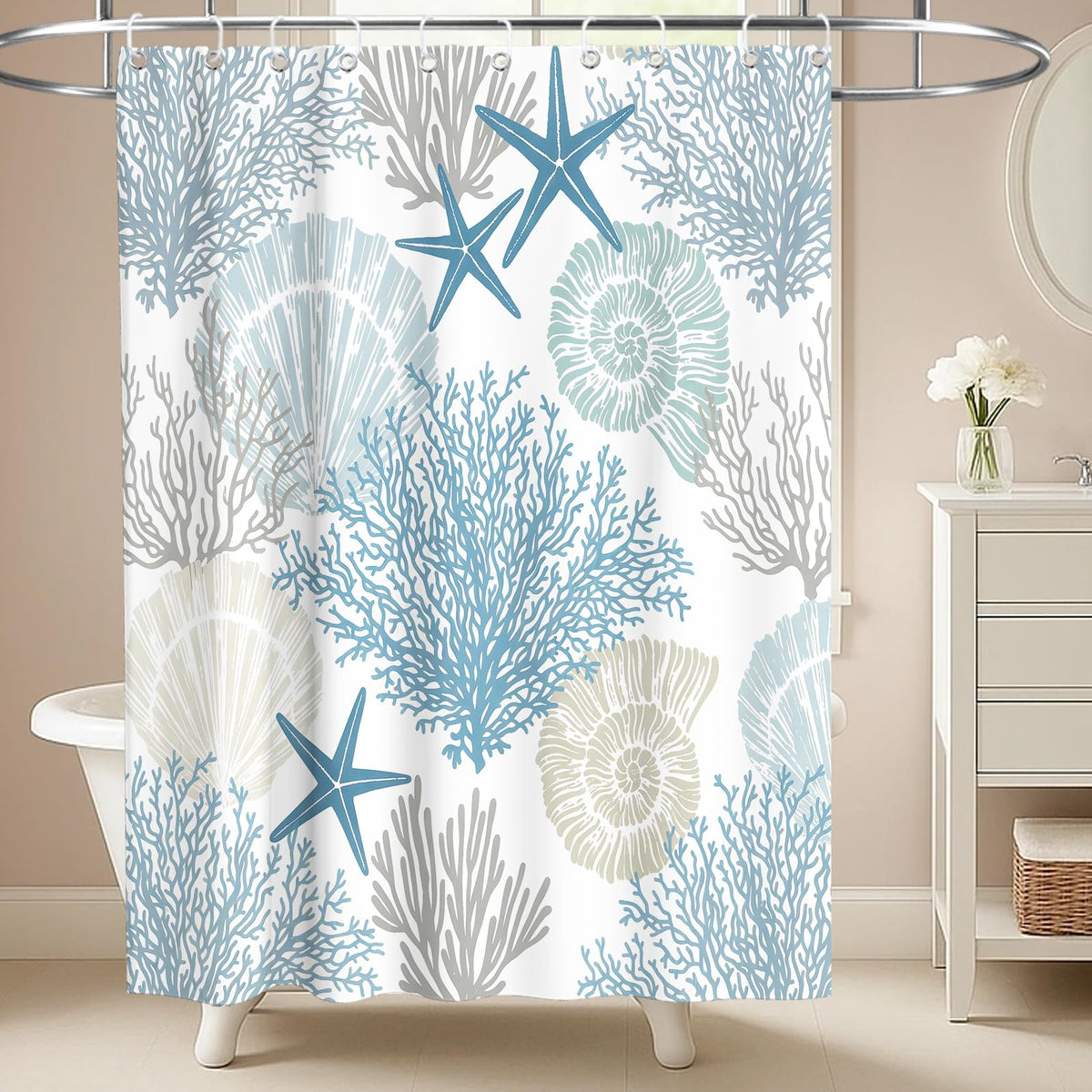 Nautical Green Sea Turtles Beach Theme Fabric Shower Curtain Sets Bathroom Blue Ocean Decor with Grommets and Hooks - 72 x 72 Inch Teal