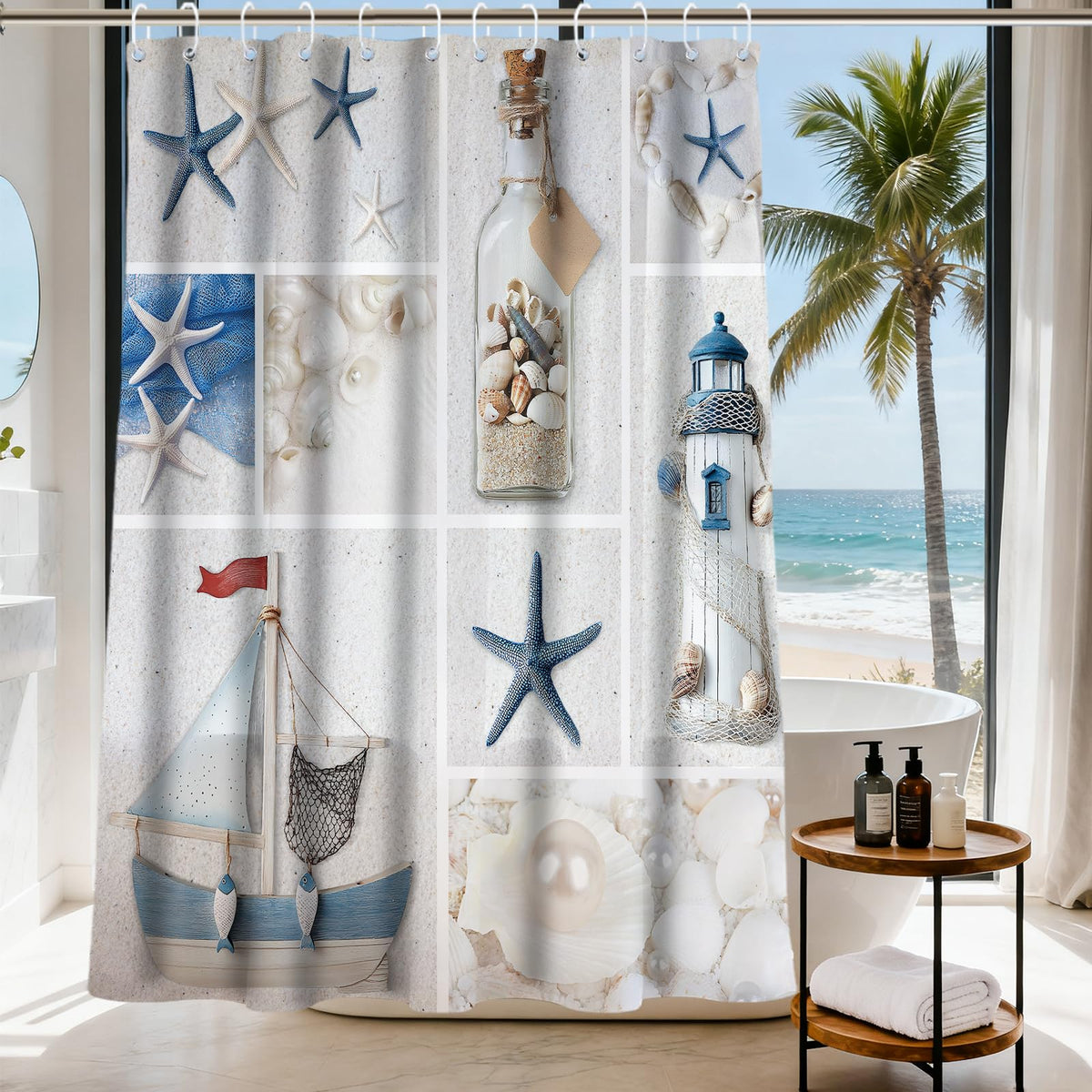 Nautical Green Sea Turtles Beach Theme Fabric Shower Curtain Sets Bathroom Blue Ocean Decor with Grommets and Hooks - 72 x 72 Inch Teal