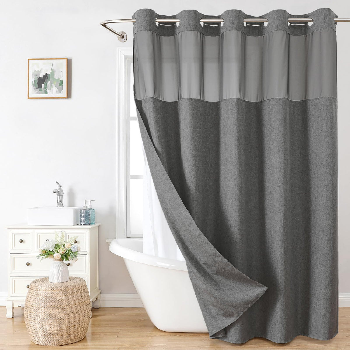 Eachope No Hooks Polyester Textured Shower Curtain with Snap-in Fabric Liner Set, Hotel Luxury Decor Shower Curtains for Bathroom with See Through Top Window, Waterproof & Washable, 71Wx74H, Cream
