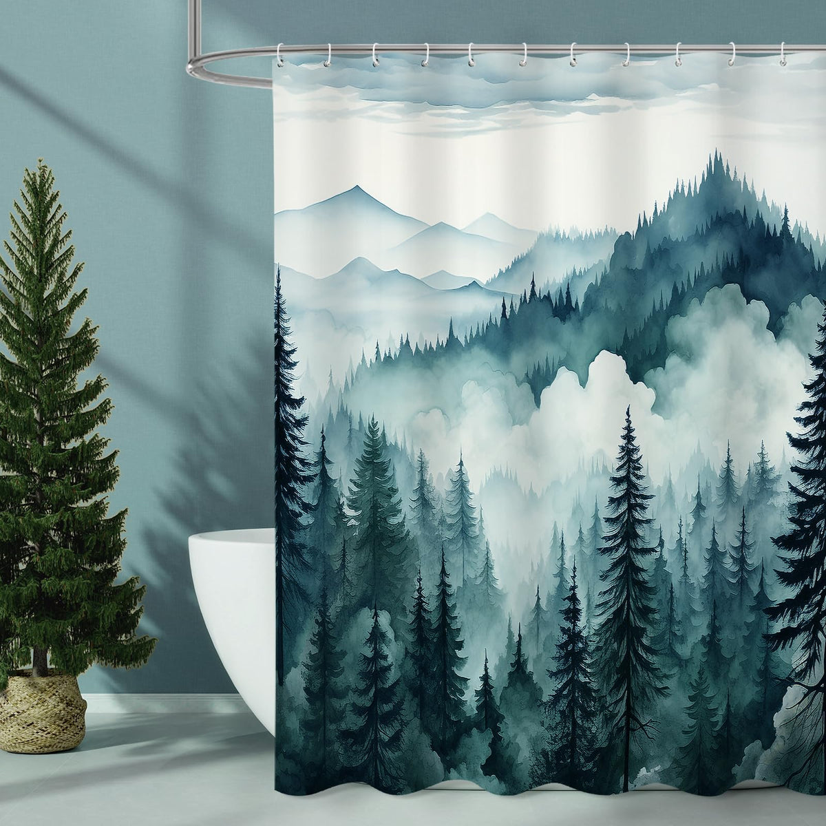Dark Green Pine Forest Shower Curtain, Misty Woodland, 72 x 72 Inches