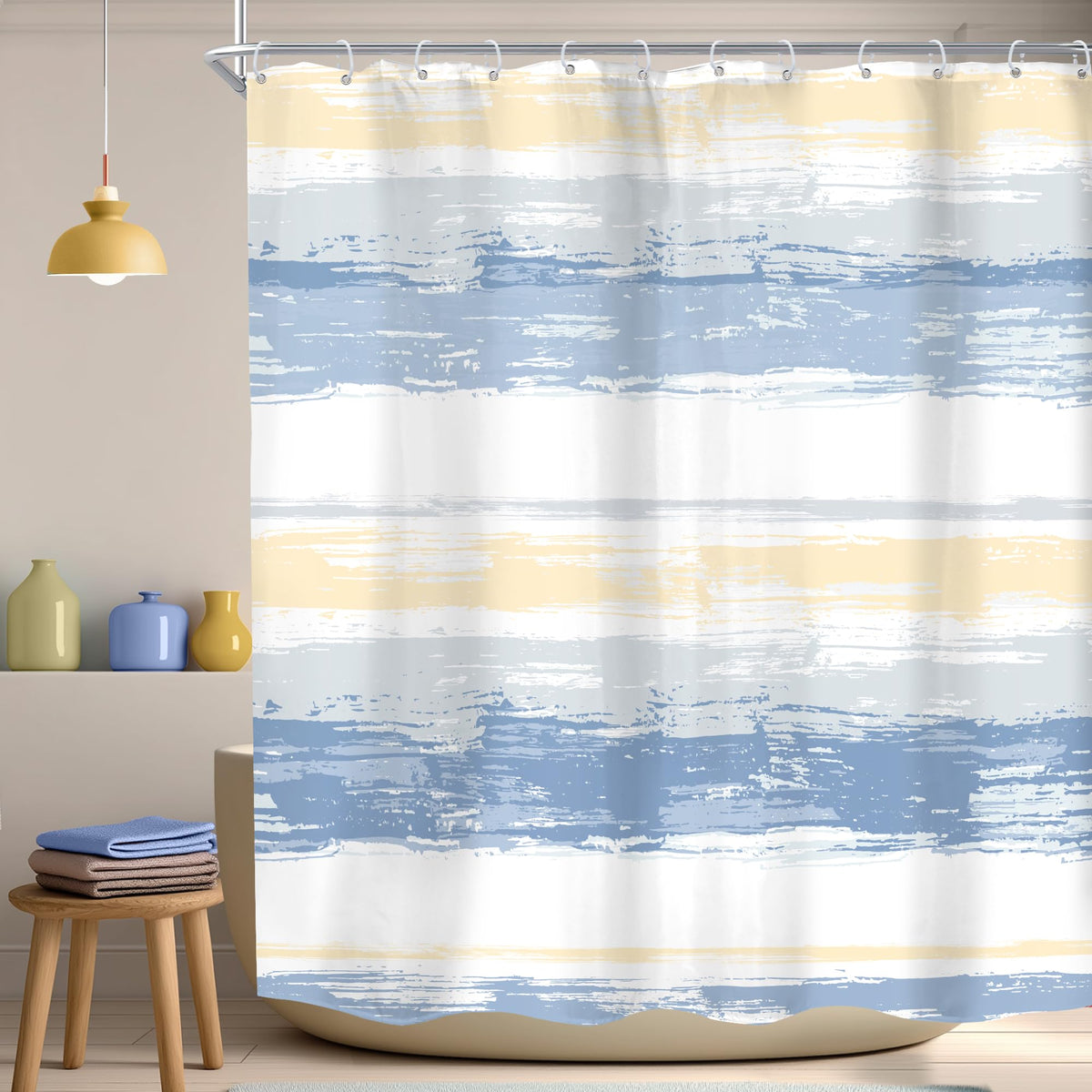 Abstract Blue Modern Gray Striped Minimalist Bathroom Shower Curtain Set