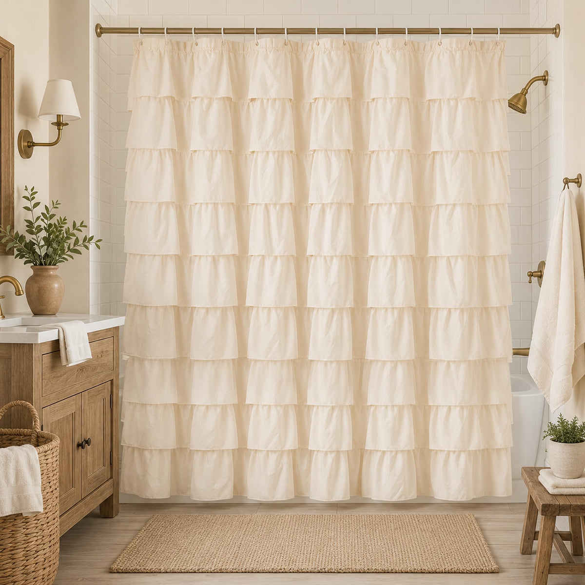 White Ruffle Shower Curtain for Bathroom,72 x 72 Inches, Farmhouse Style