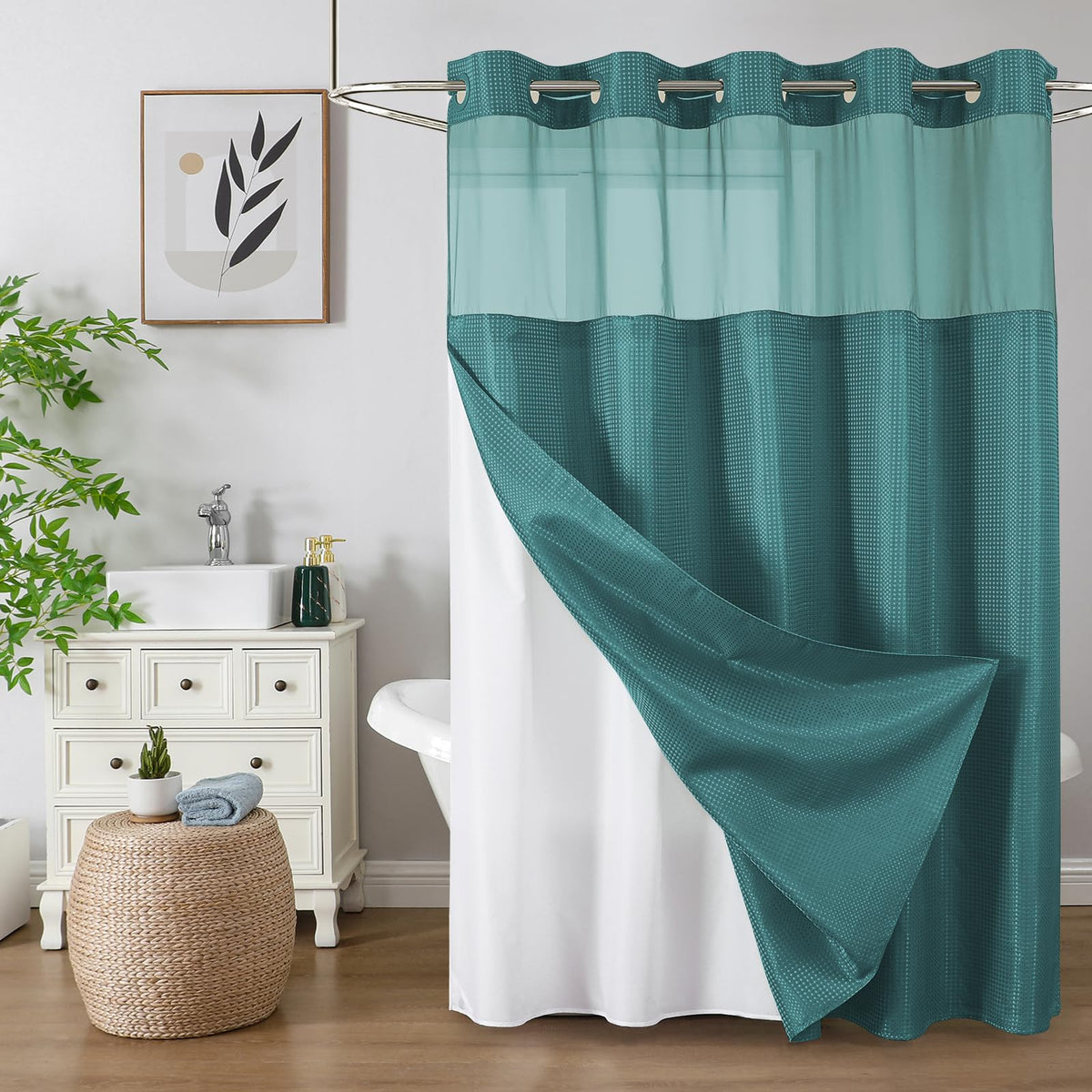 Colorful Star Sage Green No Hook Waffle Shower Curtain Set, 72 x 75 Inch