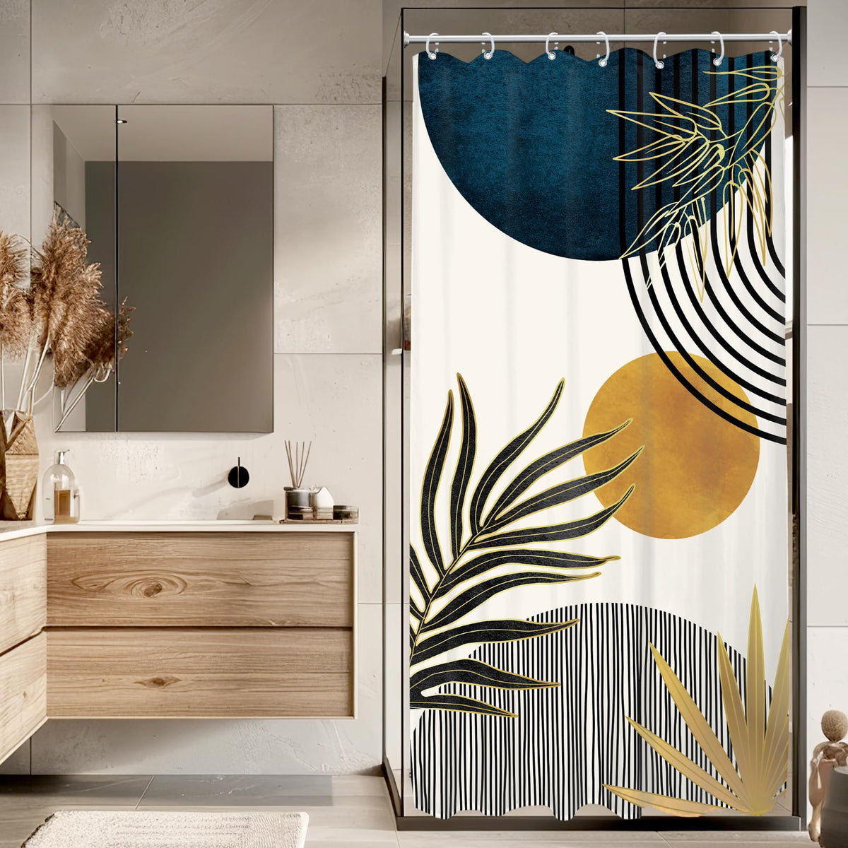 KOMLLEX Mid Century Green Boho Shower Curtain, Abstract Modern Shower Curtains for Bathroom, Plant Botanical Minimalist Leaf Arch Sun Fabric Liner Waterproof Polyester 12 Pack Hooks 60Wx72L Inches