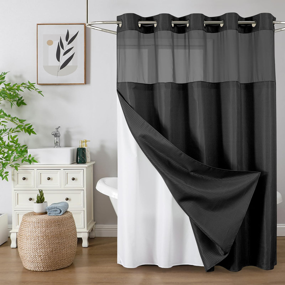 Colorful Star Sage Green No Hook Waffle Shower Curtain Set, 72 x 75 Inch