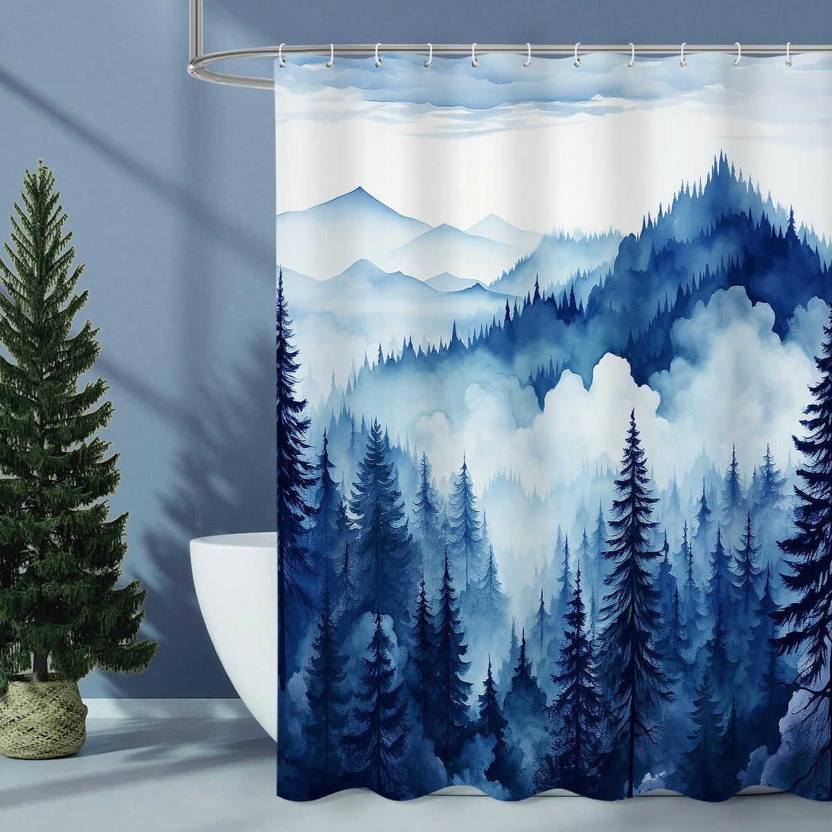 Dark Green Pine Forest Shower Curtain, Misty Woodland, 72 x 72 Inches