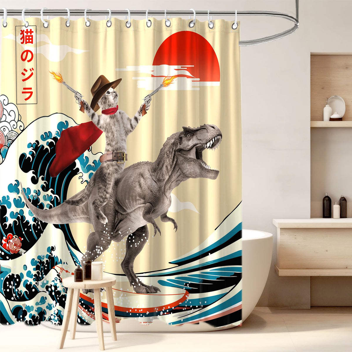 Funny Japanese Cat Funky Anime Japan Bathroom Shower Curtain, 72x72