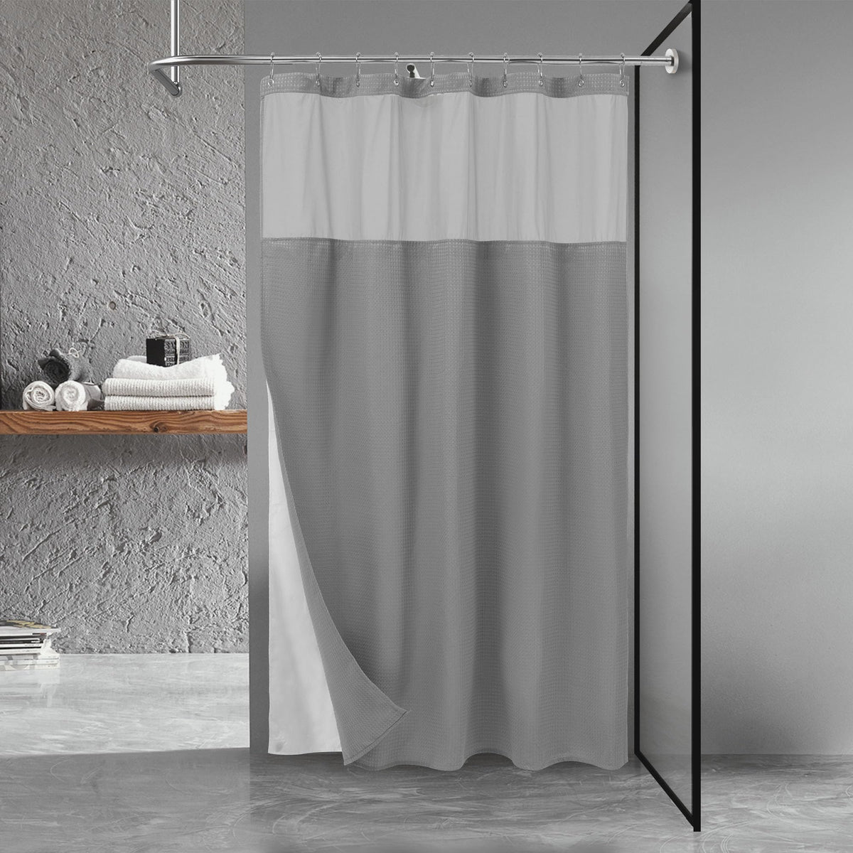 N&Y HOME Waffle Weave Shower Curtain with Snap-in Liner Set Blue, 71x72