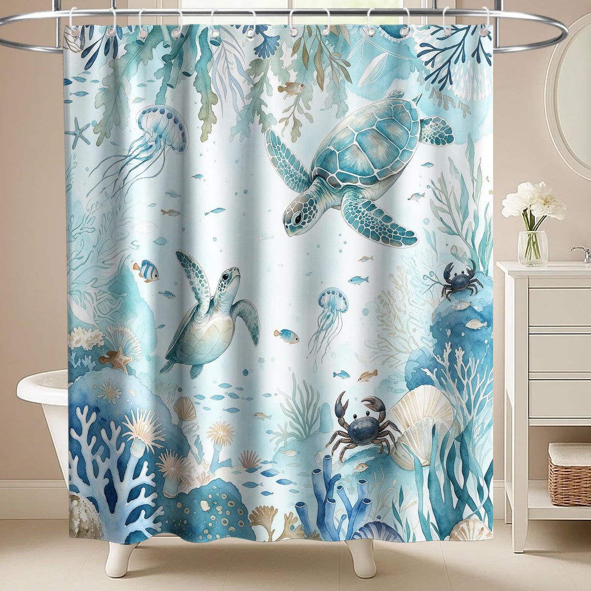 Nautical Green Sea Turtles Beach Theme Fabric Shower Curtain Sets Bathroom Blue Ocean Decor with Grommets and Hooks - 72 x 72 Inch Teal