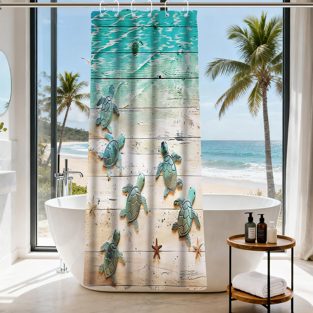 Nautical Green Sea Turtles Beach Theme Fabric Shower Curtain Sets Bathroom Blue Ocean Decor with Grommets and Hooks - 72 x 72 Inch Teal