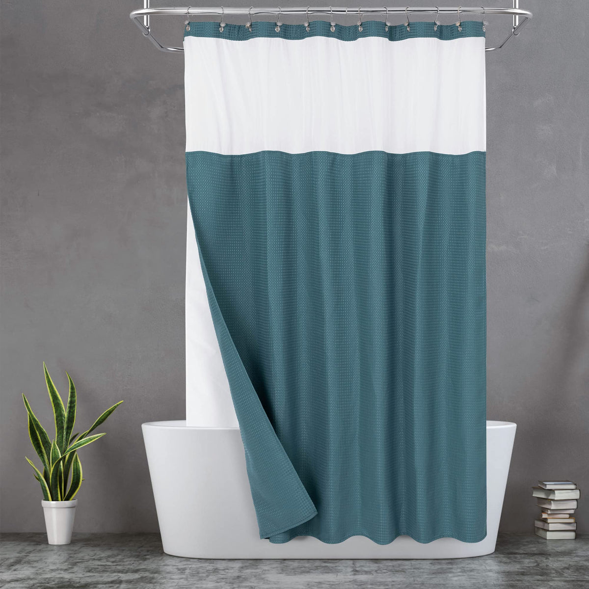 N&Y HOME Waffle Weave Shower Curtain with Snap-in Liner Set Blue, 71x72