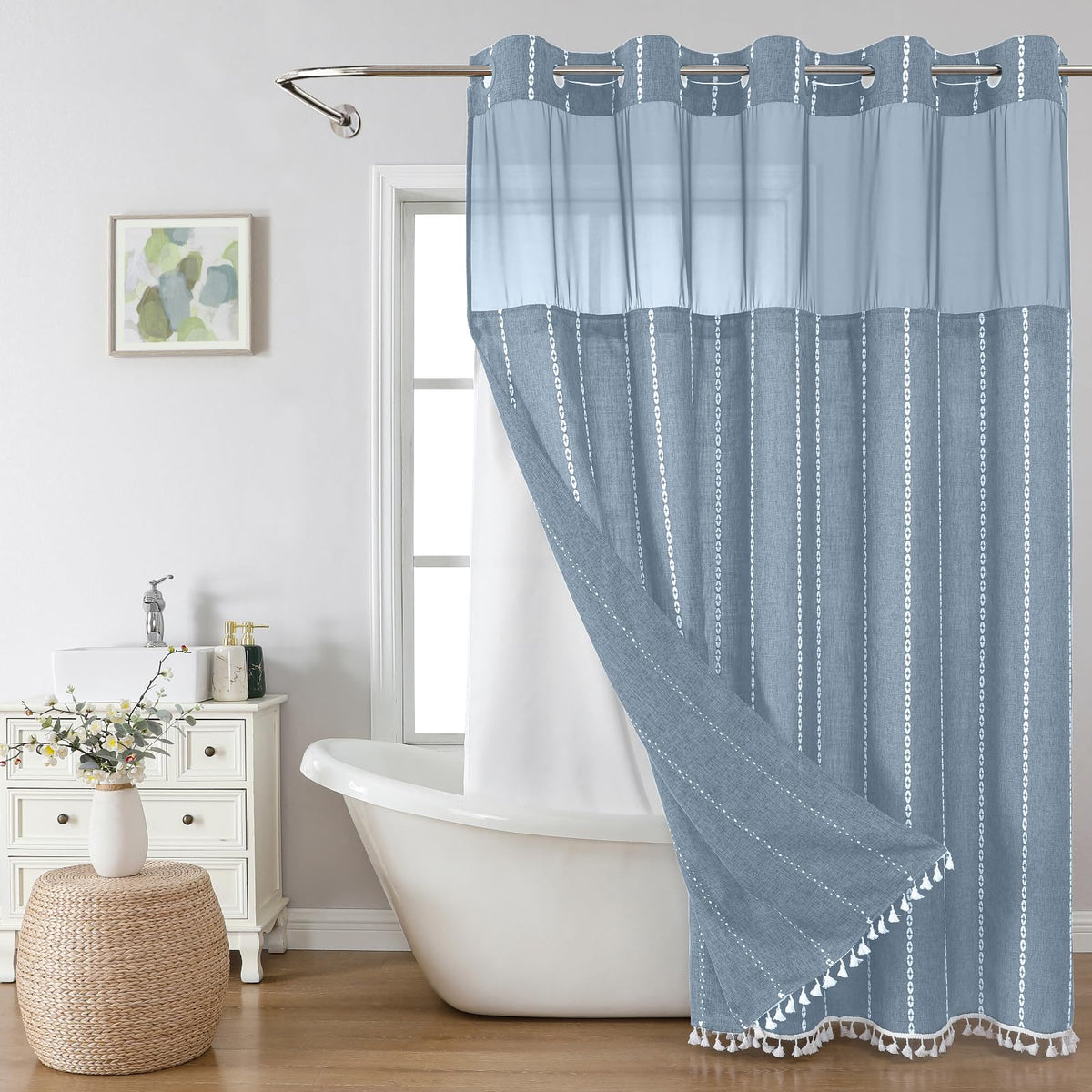 eachope Boho Farmhouse No Hook Shower Curtain Set with Snap-in Fabric Liner,Heavy-Duty Linen Textured Rustic Striped Design,Water-Repellent with Tassels and Sheer Window,Tan/Taupe,71x74