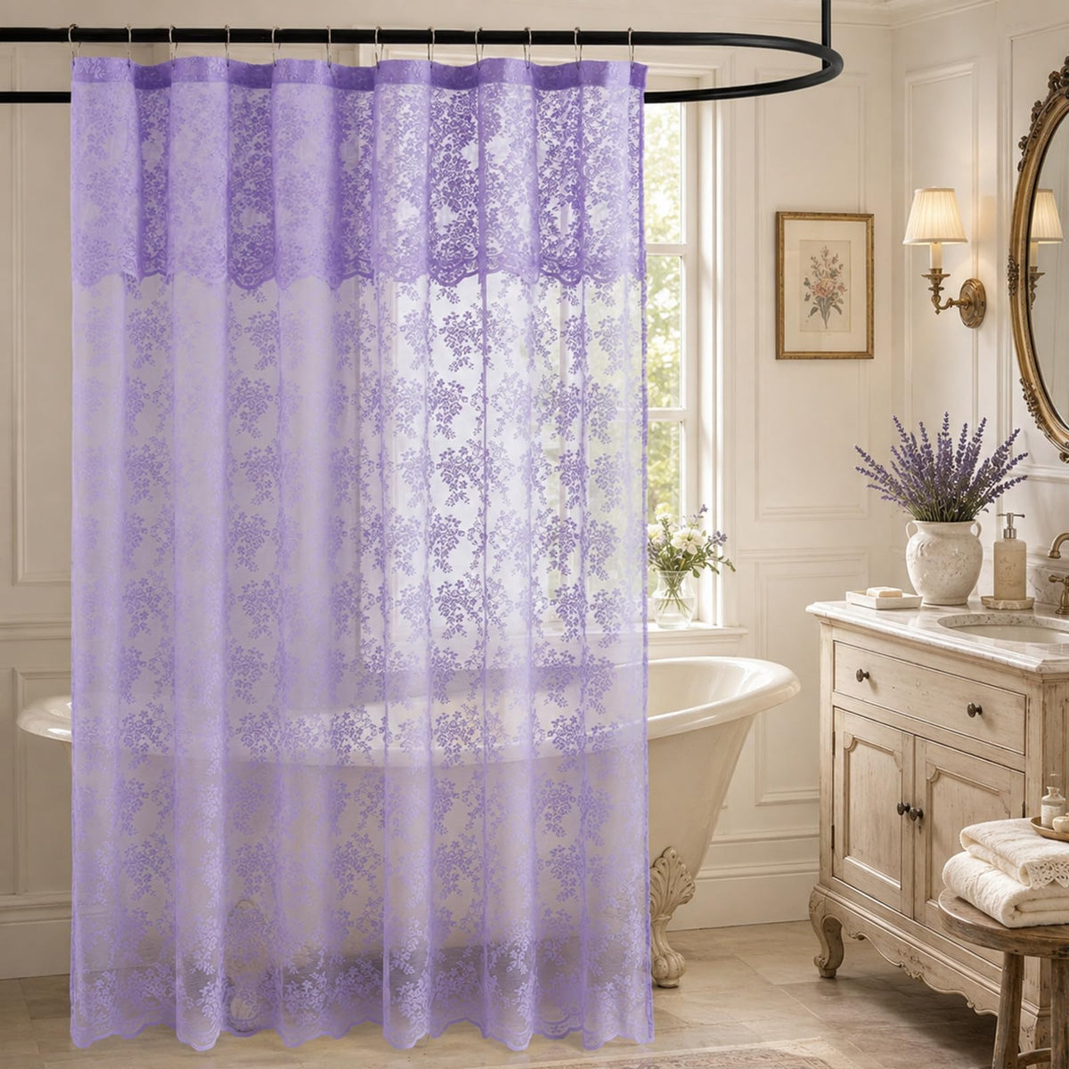 TUDECO Pink Lace Shower Curtain with Attached Valance, 72x72 Inch, 1 Panel