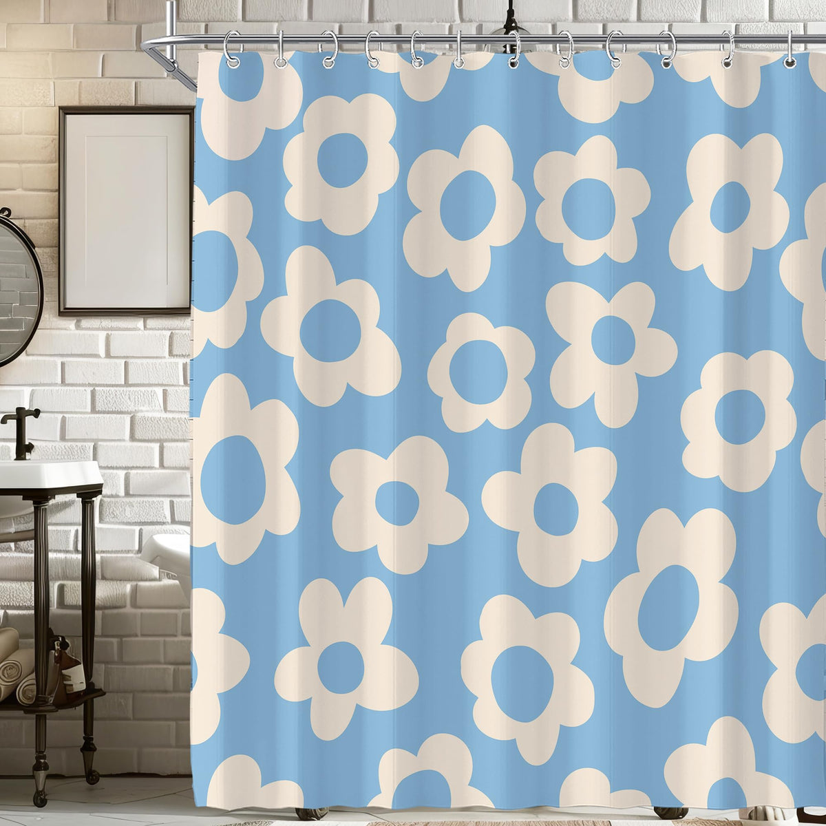 Black Cute Retro Floral Abstract 70s Aesthetic 72W*72H Inch Shower Curtain