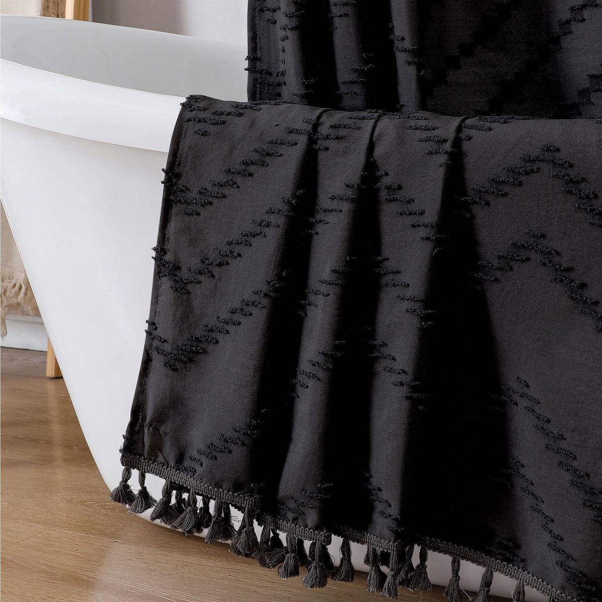 OWENIE Boho Shower Curtain, White Fabric Cloth Shower Curtains Farmhouse Tufted Chevron Striped Textured with Tassel for Bathroom, Soft Hotel Style Modern Minimalist, Machine Washable, 72x72, White