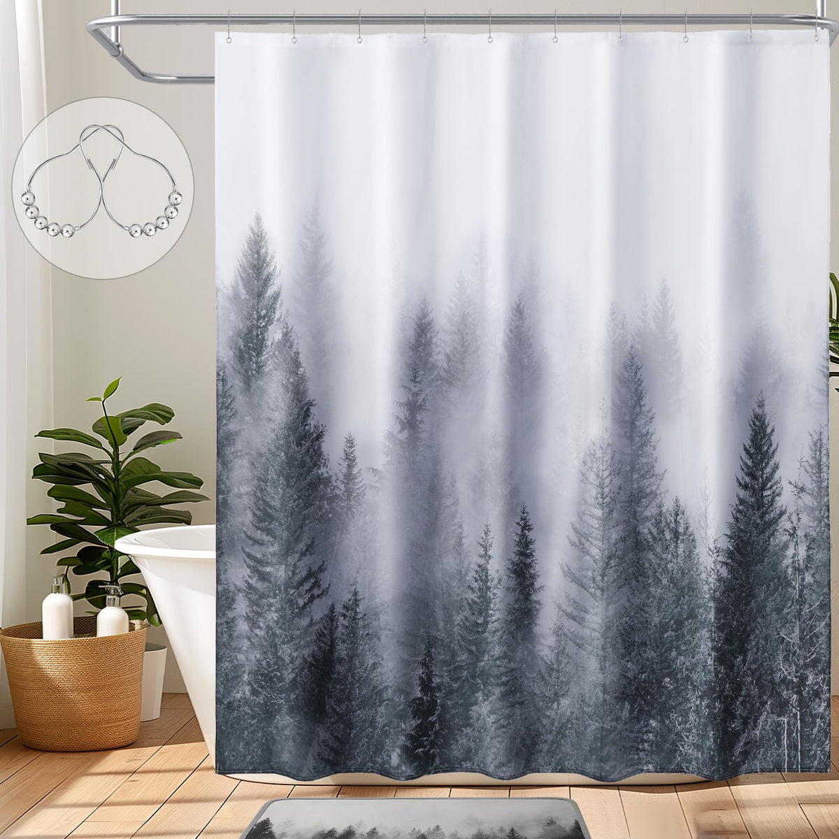 ORTIGIA Black and White Misty Forest Shower Curtain for Bathroom, Nature Woodland Curtain Set with Hooks, Decorative Pine Tree Fog Magic Bath Decor for Home Weighted, 72x72