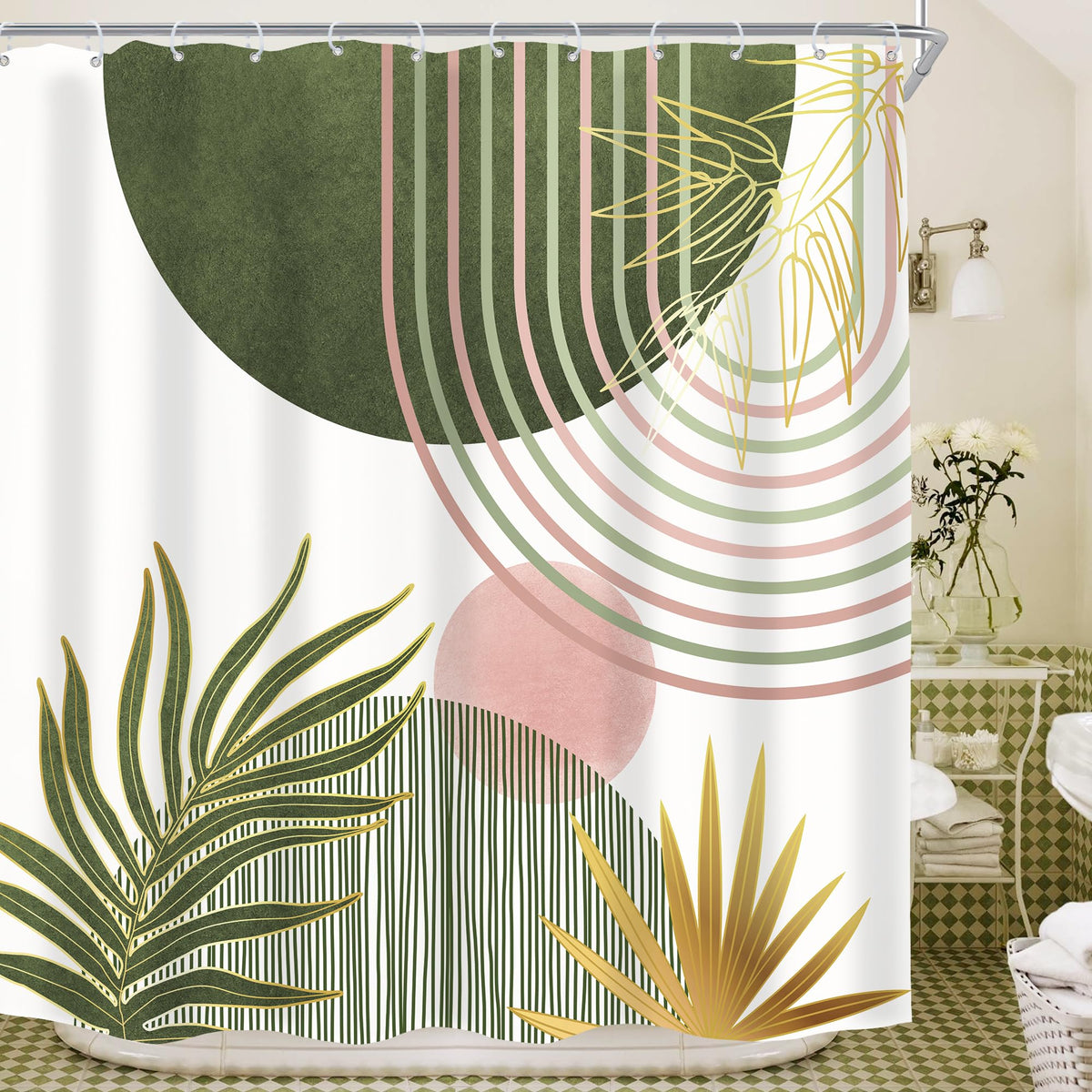 KOMLLEX Mid Century Green Boho Shower Curtain, Abstract Modern Shower Curtains for Bathroom, Plant Botanical Minimalist Leaf Arch Sun Fabric Liner Waterproof Polyester 12 Pack Hooks 60Wx72L Inches