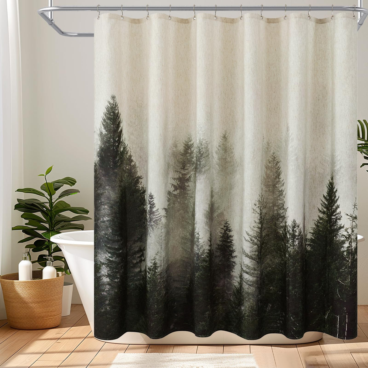 ORTIGIA Black and White Misty Forest Shower Curtain for Bathroom, Nature Woodland Curtain Set with Hooks, Decorative Pine Tree Fog Magic Bath Decor for Home Weighted, 72x72
