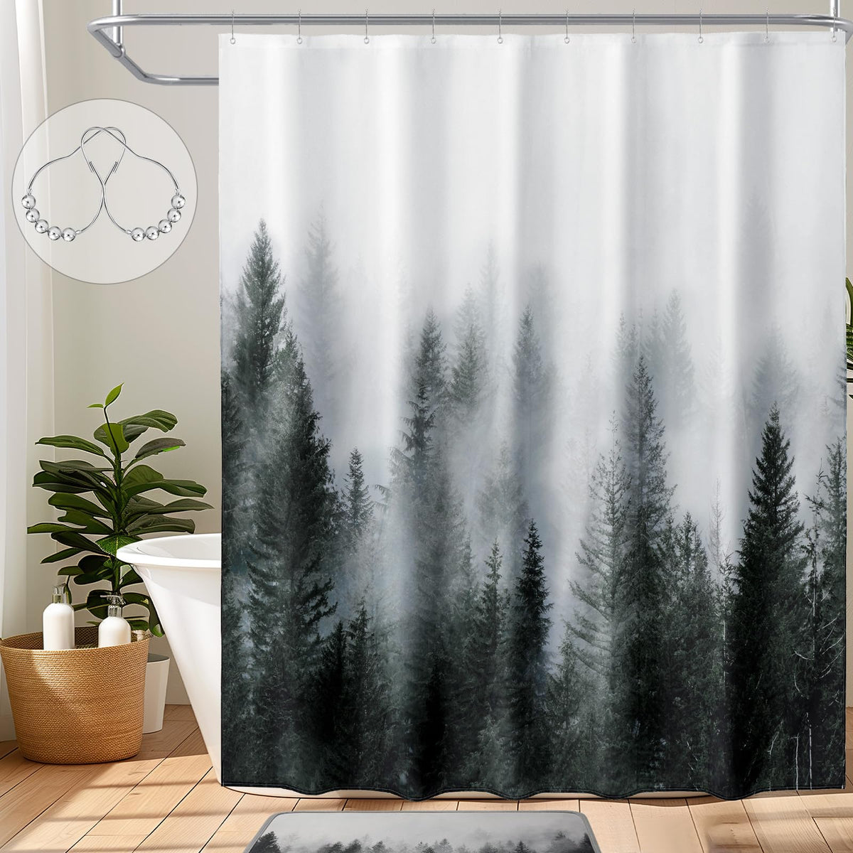 ORTIGIA Black and White Misty Forest Shower Curtain for Bathroom, Nature Woodland Curtain Set with Hooks, Decorative Pine Tree Fog Magic Bath Decor for Home Weighted, 72x72