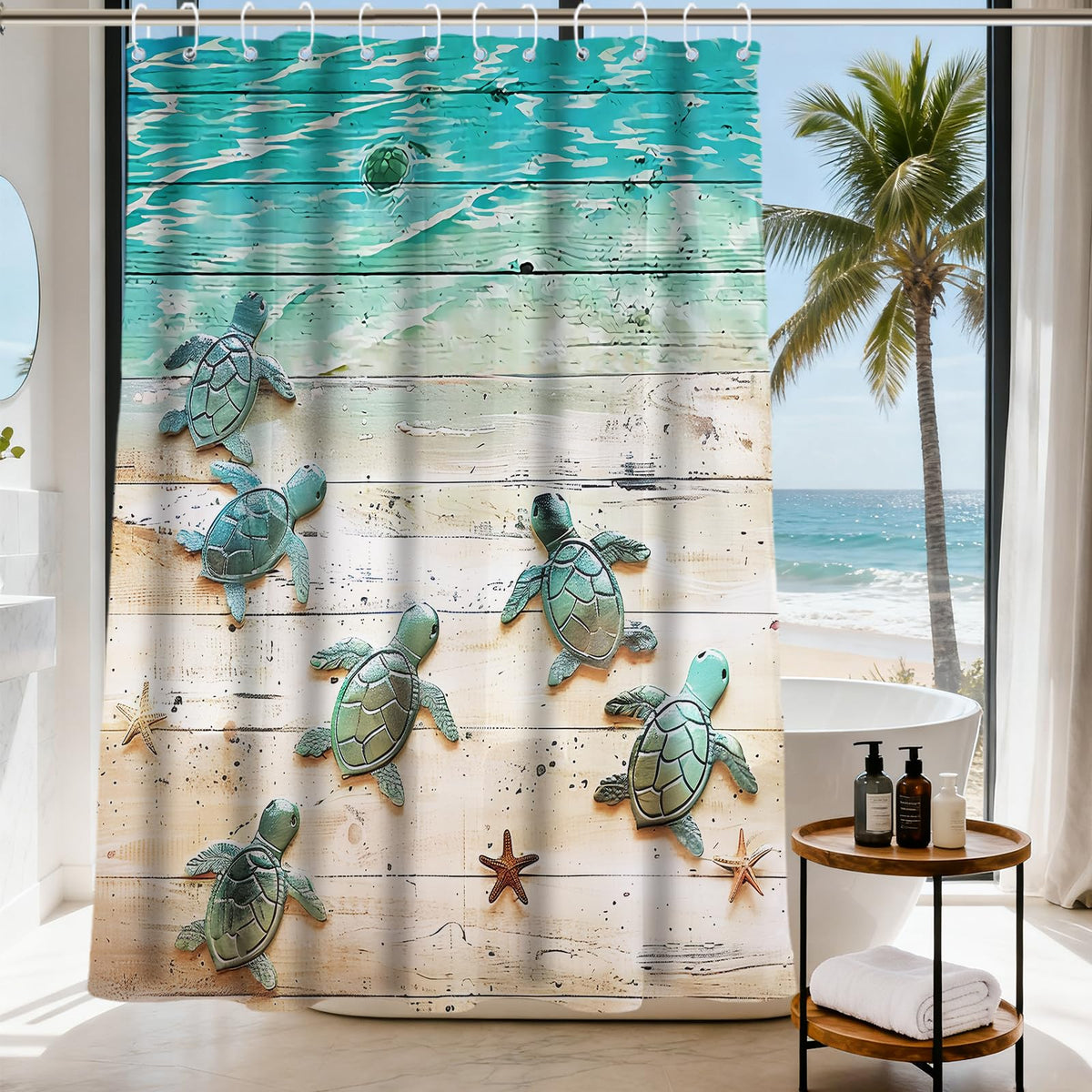 Nautical Green Sea Turtles Beach Theme Fabric Shower Curtain Sets Bathroom Blue Ocean Decor with Grommets and Hooks - 72 x 72 Inch Teal