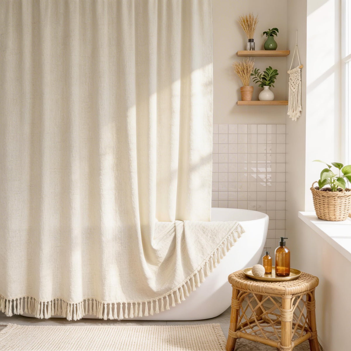 Linen Shower Curtain Beige Boho Cream Natural Cloth 72" W x 72" L
