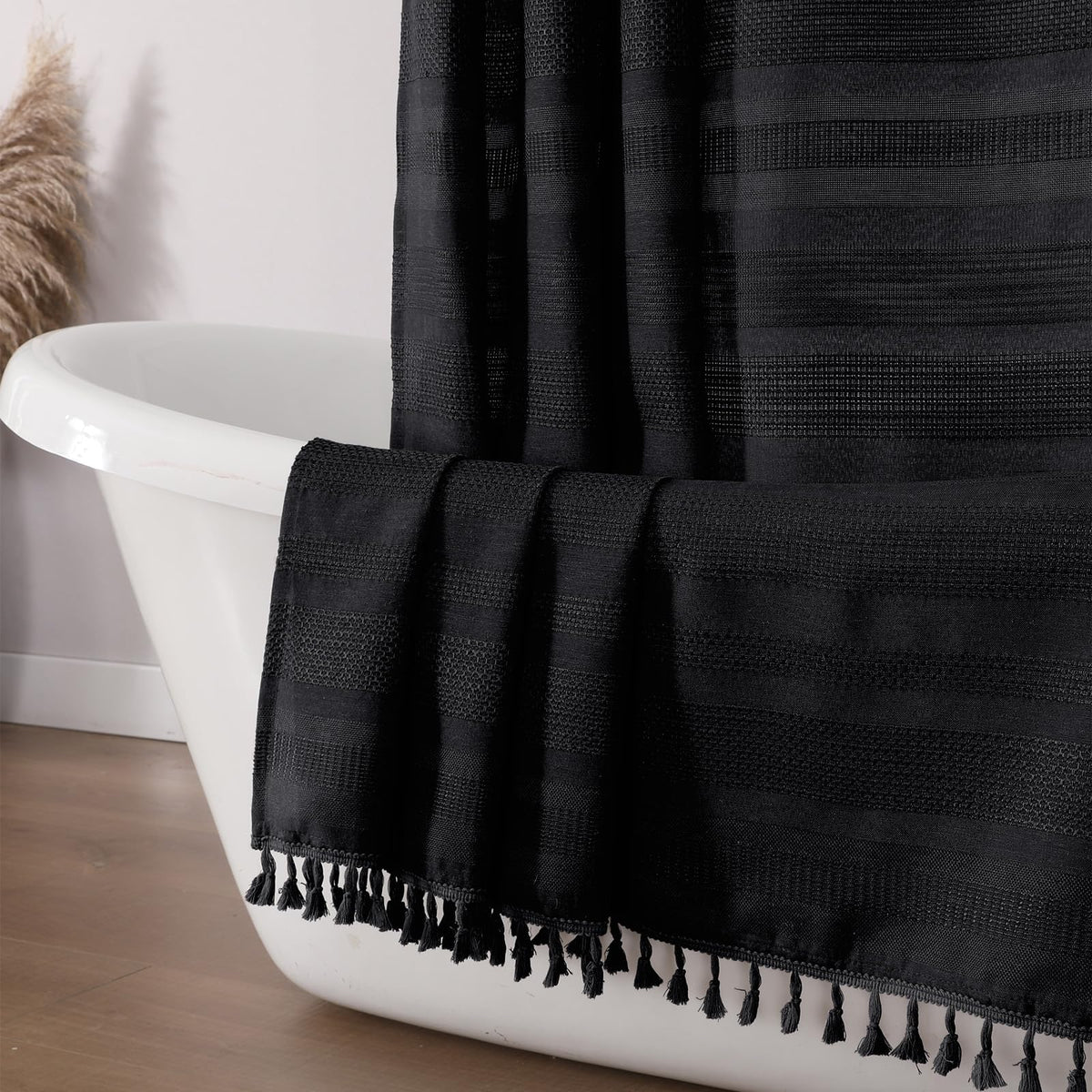 OVZME Natural Linen Shower Curtain for Bathroom, Boho Farmhouse Rustic Striped Shower Curtain with Tassel, Textured Heavy Duty Vintage Country Bathroom Curtain, 72Wx72L Inches