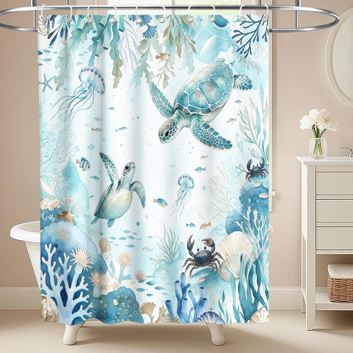 Nautical Green Sea Turtles Beach Theme Fabric Shower Curtain Sets Bathroom Blue Ocean Decor with Grommets and Hooks - 72 x 72 Inch Teal