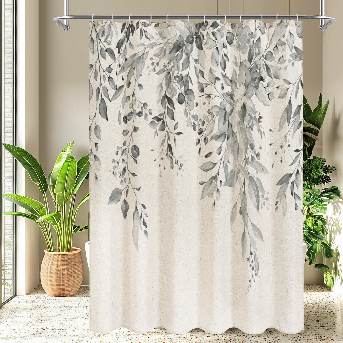 Gibelle SageGreen Linen Eucalyptus Shower Curtain, Watercolor Floral, 72x72