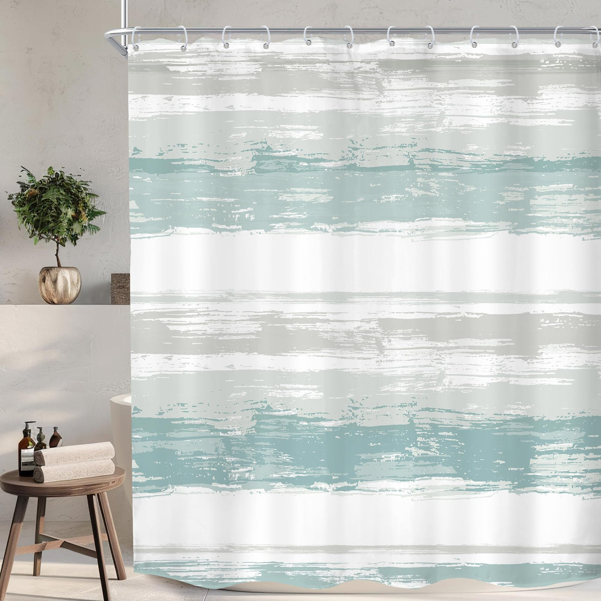 Abstract Blue Modern Gray Striped Minimalist Bathroom Shower Curtain Set