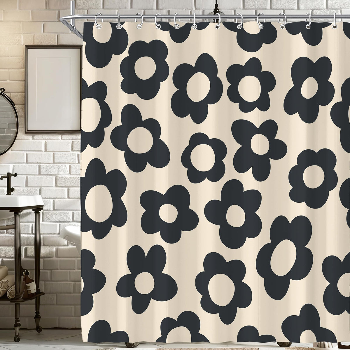 Black Cute Retro Floral Abstract 70s Aesthetic 72W*72H Inch Shower Curtain