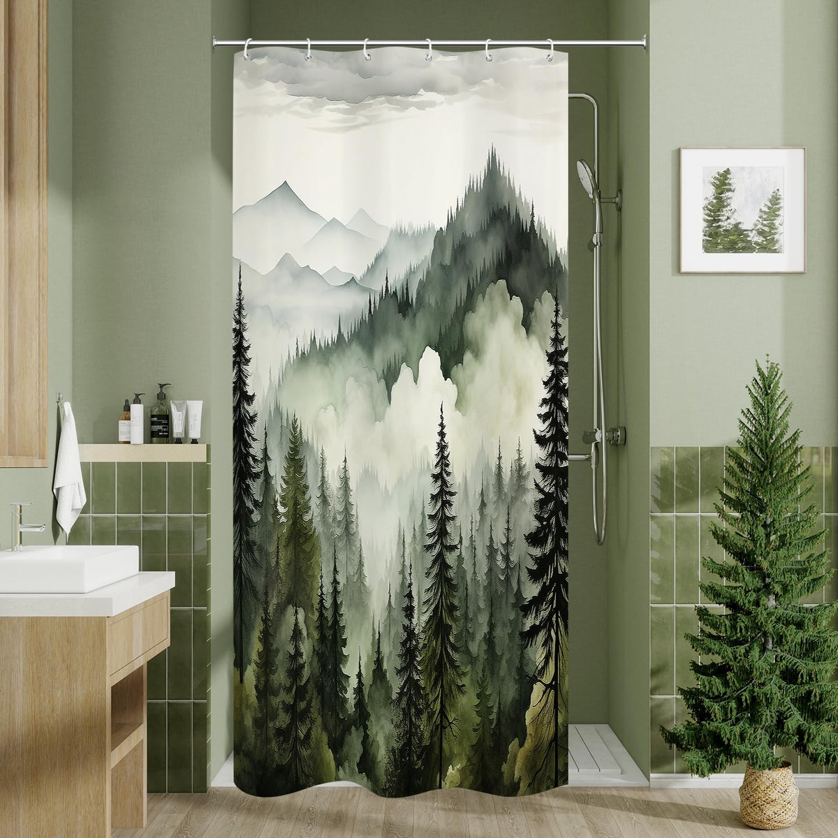 Dark Green Pine Forest Shower Curtain, Misty Woodland, 72 x 72 Inches