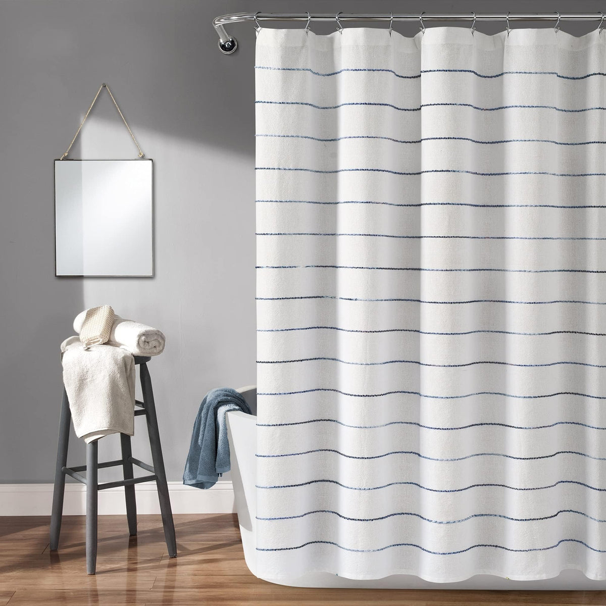 Lush Decor Ombre Stripe Yarn Dyed Cotton Shower Curtain, 72" W x 72" L, Navy & Multi - Fabric Shower Curtains - Striped Bathroom Curtain - Farmhouse & Coastal Decor