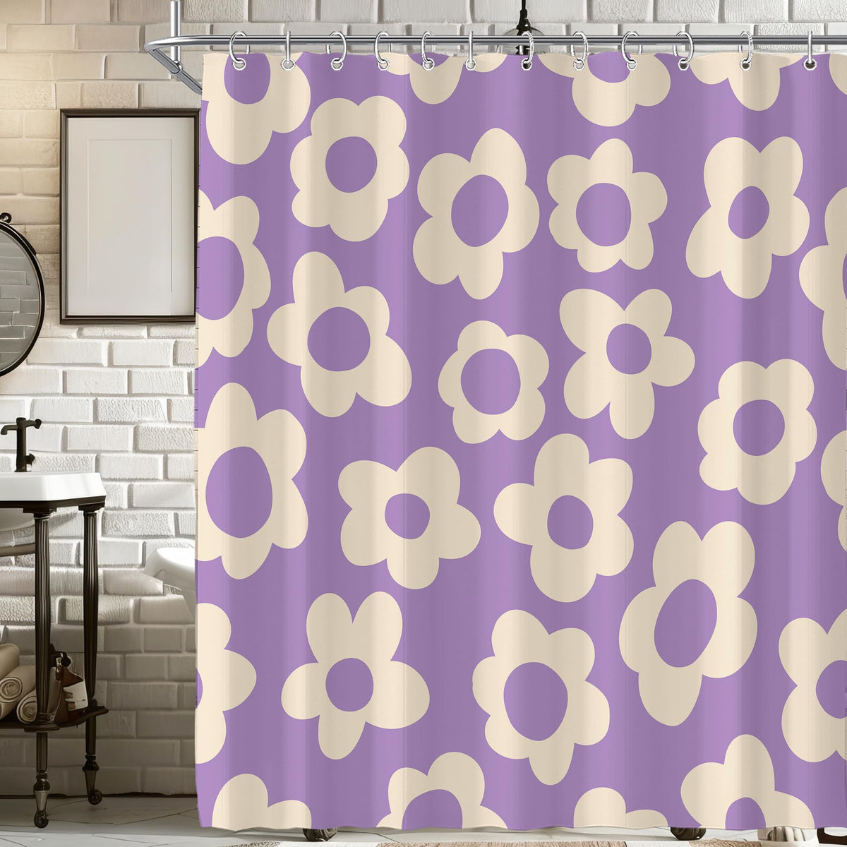 Black Cute Retro Floral Abstract 70s Aesthetic 72W*72H Inch Shower Curtain