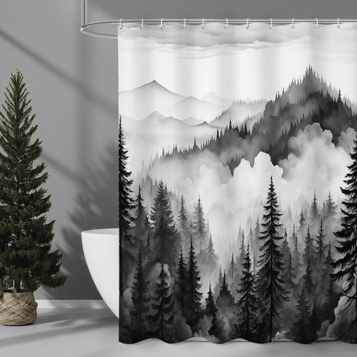 Dark Green Pine Forest Shower Curtain, Misty Woodland, 72 x 72 Inches