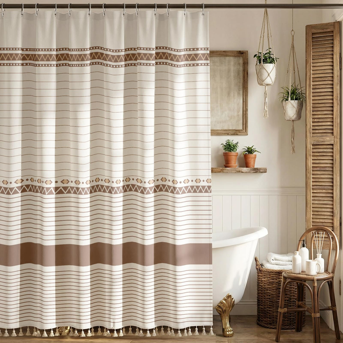 Vintage Green Striped Shower Curtain with 12 Clear Rings - 72" W x 84" L