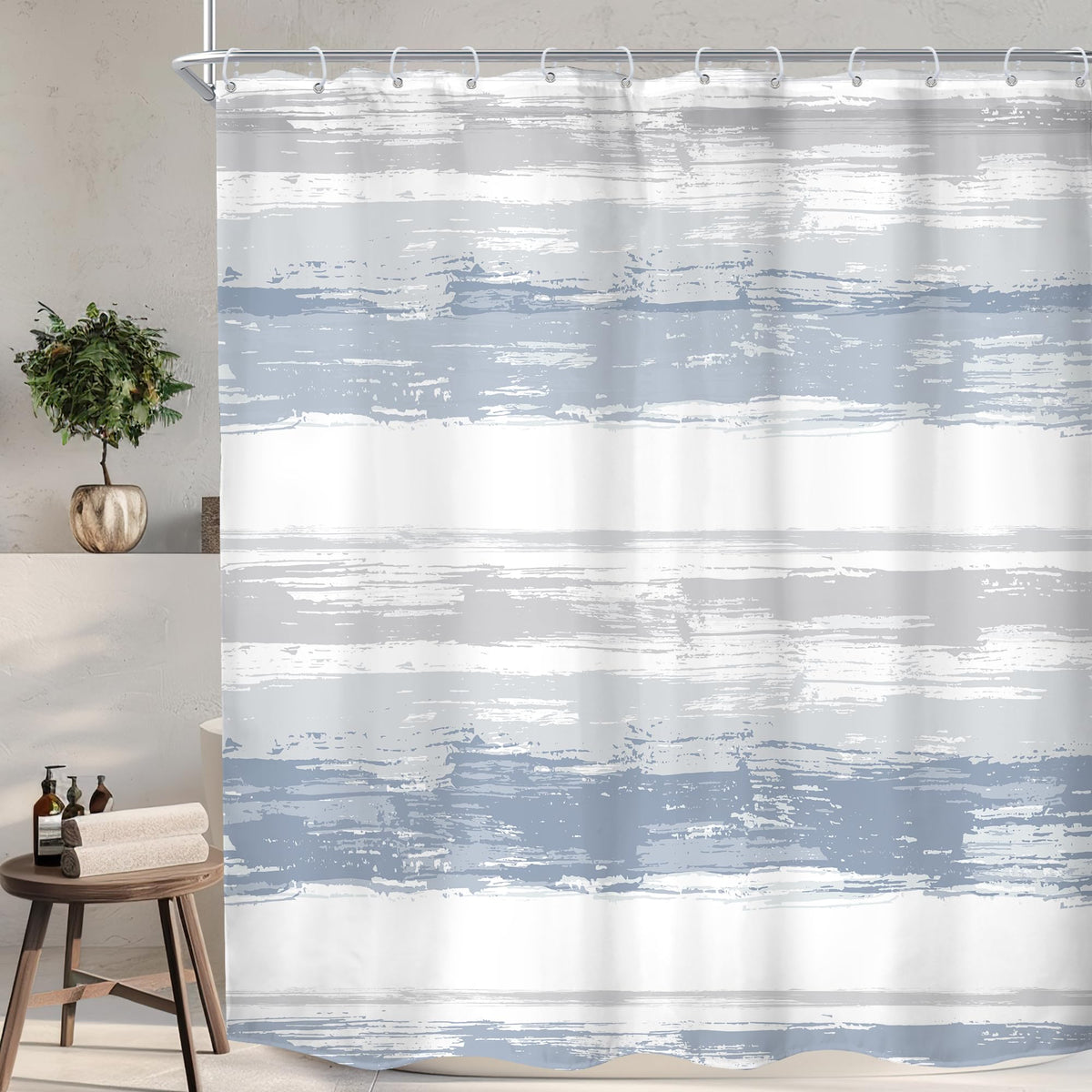 Abstract Blue Modern Gray Striped Minimalist Bathroom Shower Curtain Set