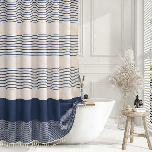 Navy Blue Coastal Ocean Linen Striped Shower Curtain with Tassel 72W X 72L