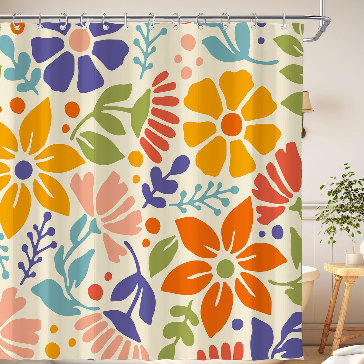 Black Cute Retro Floral Abstract 70s Aesthetic 72W*72H Inch Shower Curtain