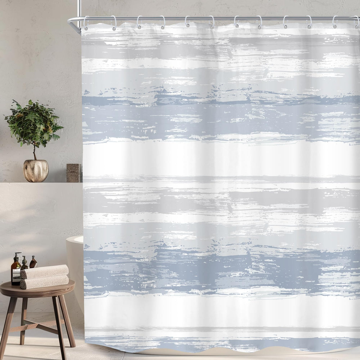 Abstract Blue Modern Gray Striped Minimalist Bathroom Shower Curtain Set