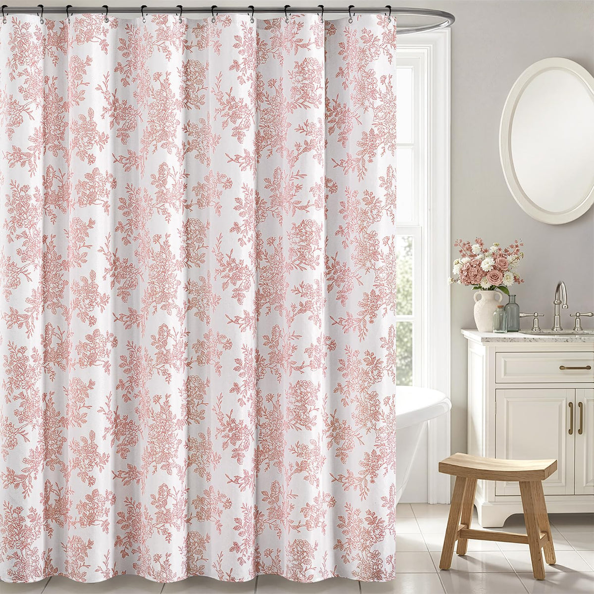 Linen Blue Floral Toile Shower Curtain W72*L72 Inches Long